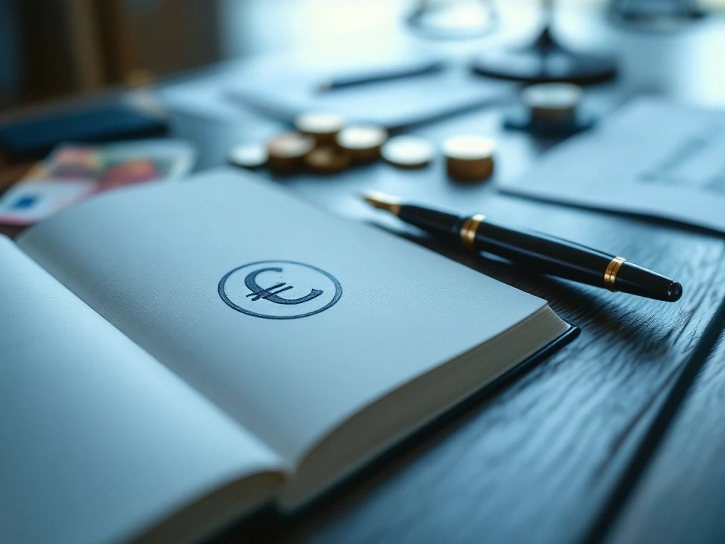 Open boek met copyright-symbool op houten bureau, naast eurobiljetten en munten. Luxe vulpen rust op het boek, met wazige juridische documenten op de achtergrond.