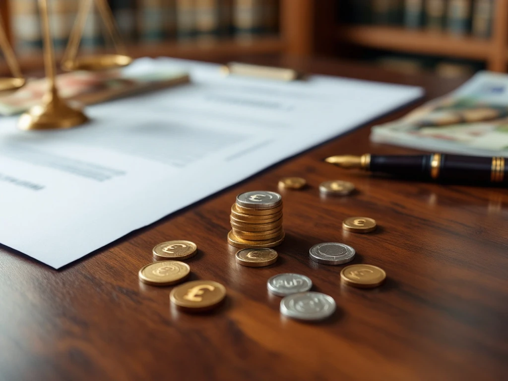 Elegant houten bureau met copyright-documenten, euromuntjes op een miniatuurweegschaal, en een vulpen naast een contract in een advocatenkantooromgeving.