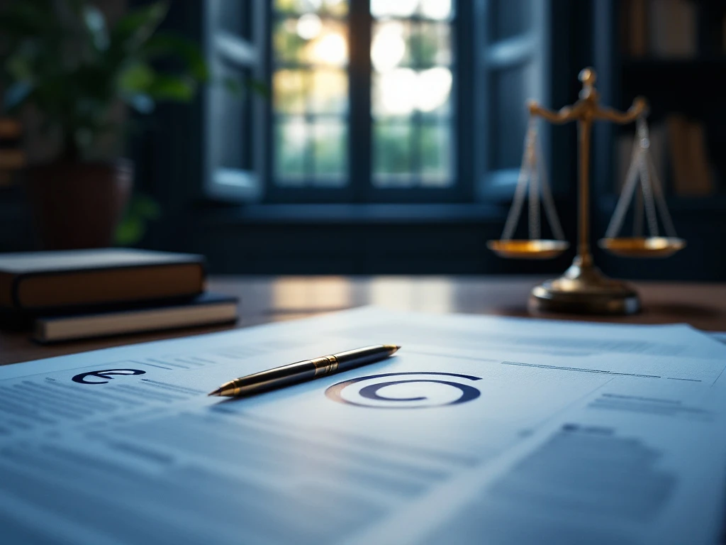 Stijlvol bureau met juridische documenten en copyright-symbool, vulpen en halfopen kluis vol creatieve werken. Balans van rechtvaardigheid subtiel zichtbaar in professionele blauwtinten.