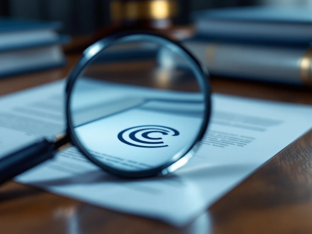 Vergrootglas boven document met copyright-symbool, omringd door juridische boeken op een houten bureau in professionele omgeving met blauwe en bruine tinten.