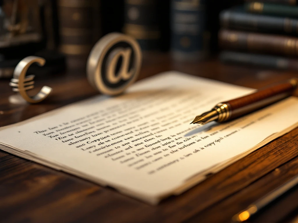Houten bureau met juridisch document, stijlvolle vulpen en copyright-symbool paperweight. Op achtergrond juridische boeken en kunstwerk dat intellectueel eigendom symboliseert.
