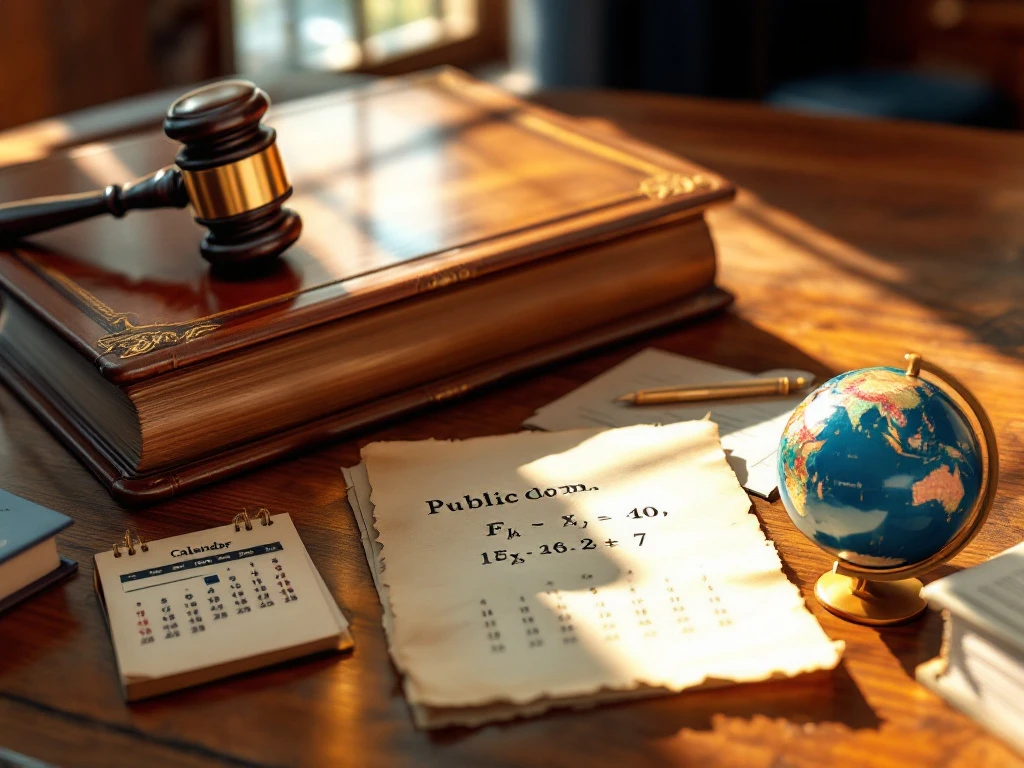 Rechterlijk bureau met wetboek en hamer naast publiek domein symbolen: wiskundige formule, kalender en globe, belicht door natuurlijk zonlicht.